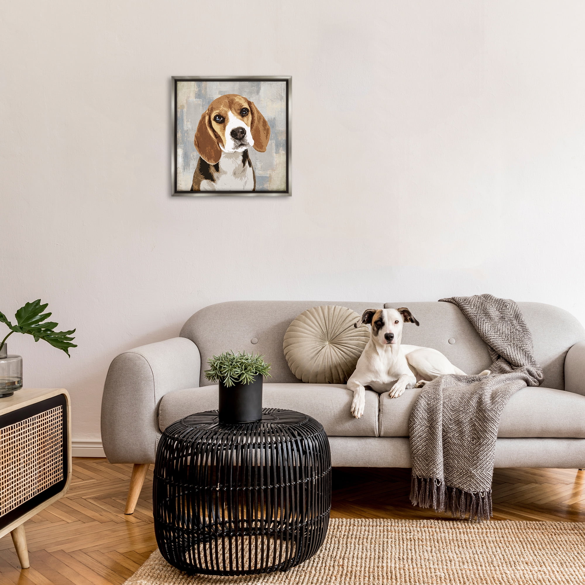 Stupell Industries Pet Beagle Patiently Waiting Animals & Insects Painting Gray Floater Framed Canvas Art Print Wall Art, 25 x 25