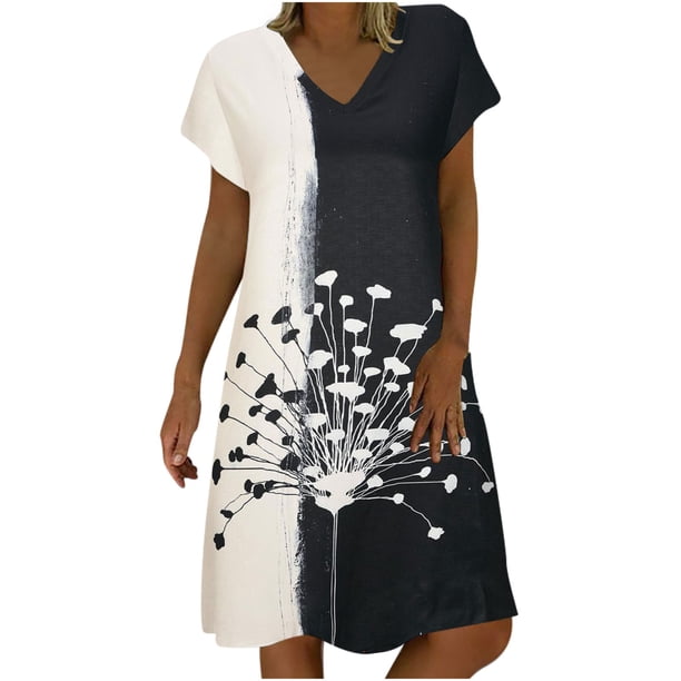 Vestido largo hasta la rodilla con cuello en V y manga corta con estampado cómodo e informal a la moda para mujer Pompotops ghjkhdj14291