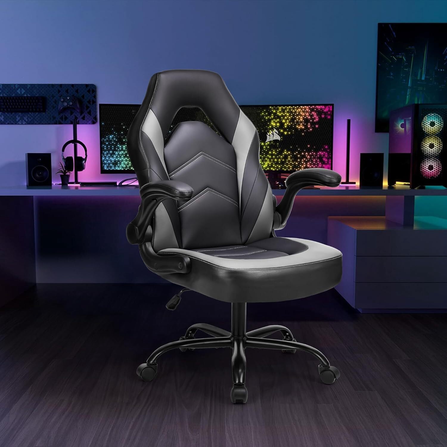 AENKYO Gaming Chair, Computer Chair Ergonomic Office Chair PU Leather Desk Chair Executive Adjustable Swivel Task Chair with Flip-up Armrest, Gray