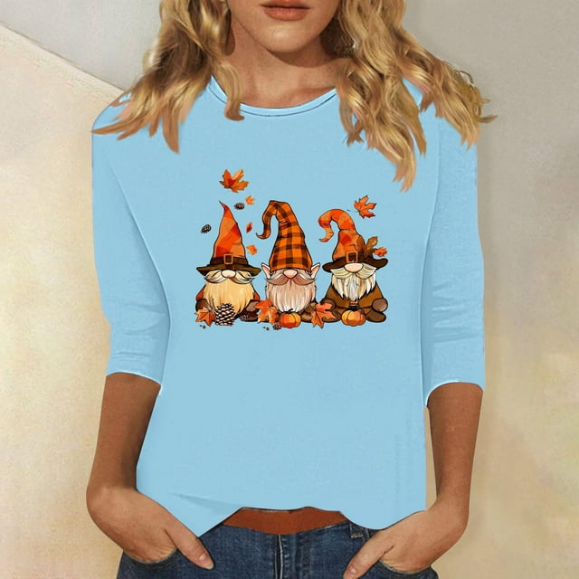 Leodye T-Shirts pour Femmes d'Halloween à Manches 3/4 à Col Rond Automne Halloween Haut à Manches Longues Graphique Drôle Bleu Pâle 4(S)
