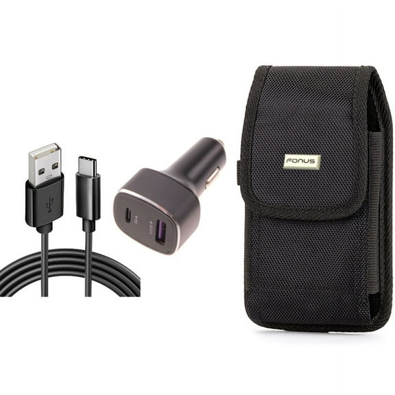 Case Belt Clip & 36W PD Fast Car Charger for iPhone 15 Pro Max - Rugged Holster Canvas Cover and 6ft USB-C Cable 2-Port Long Cord Power Adapter W8O for iPhone 15 Pro Max (6.7")