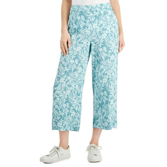 Charter Club Womens Floral Cropped Wide-Leg Pants Teal Combo M