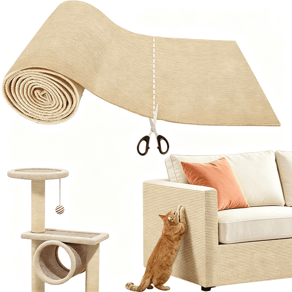 RLESO Heavy Duty Cat Scratch Mat for Couch,Self-Adhesive Trimmable Cat Scratcher Carpet,Furniture Protector & Climbing Pad for Cats,Sofa,Door & Cat Tree (Khaki,39.3" X 15.8")