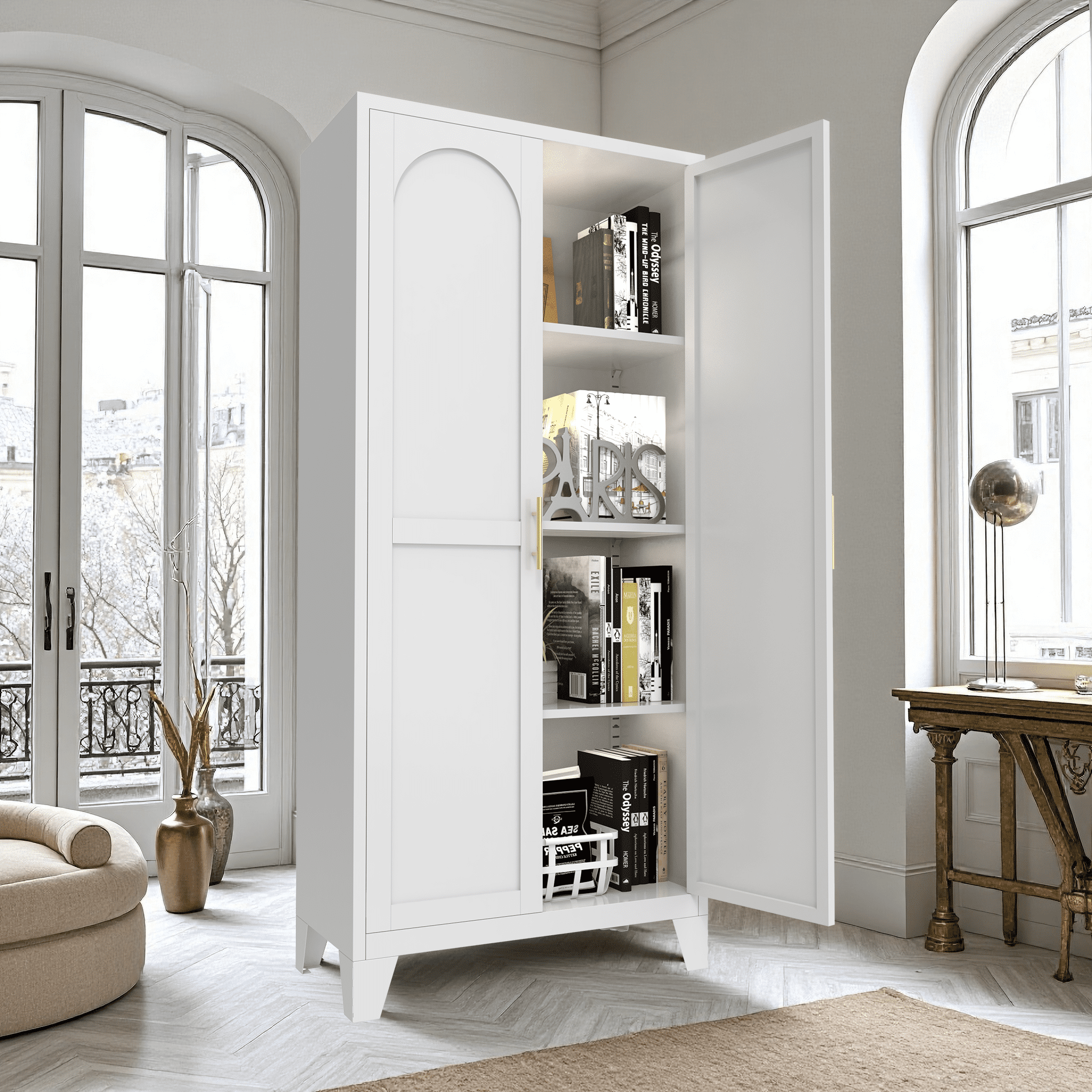 Miniyam 61"H Metal Storage Cabinet with 2 Shaped Doors & Adjustable Shelves – White, for Bedroom/Living Room