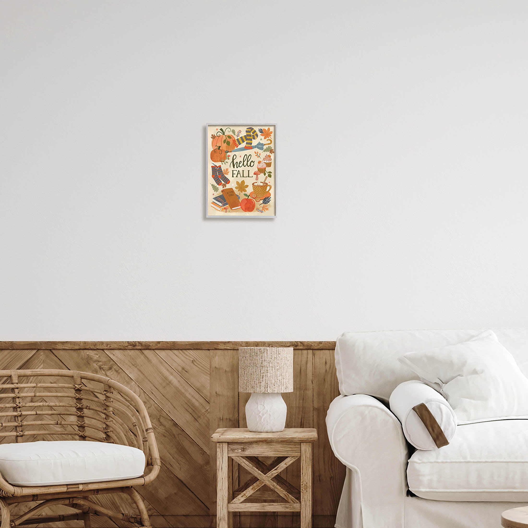 Hello Fall Cozy Autumn Items Holiday Graphic Art Gray Framed Art Print Wall Art