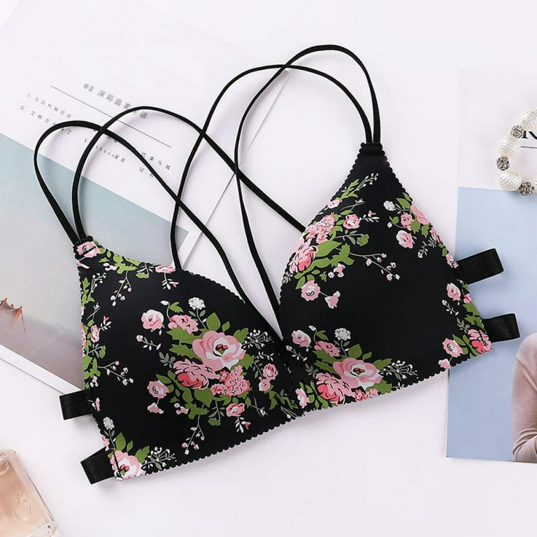 Women's Floral Print Bra Comfy Soft Underwear Gathered Seamless Cross-back  Bra