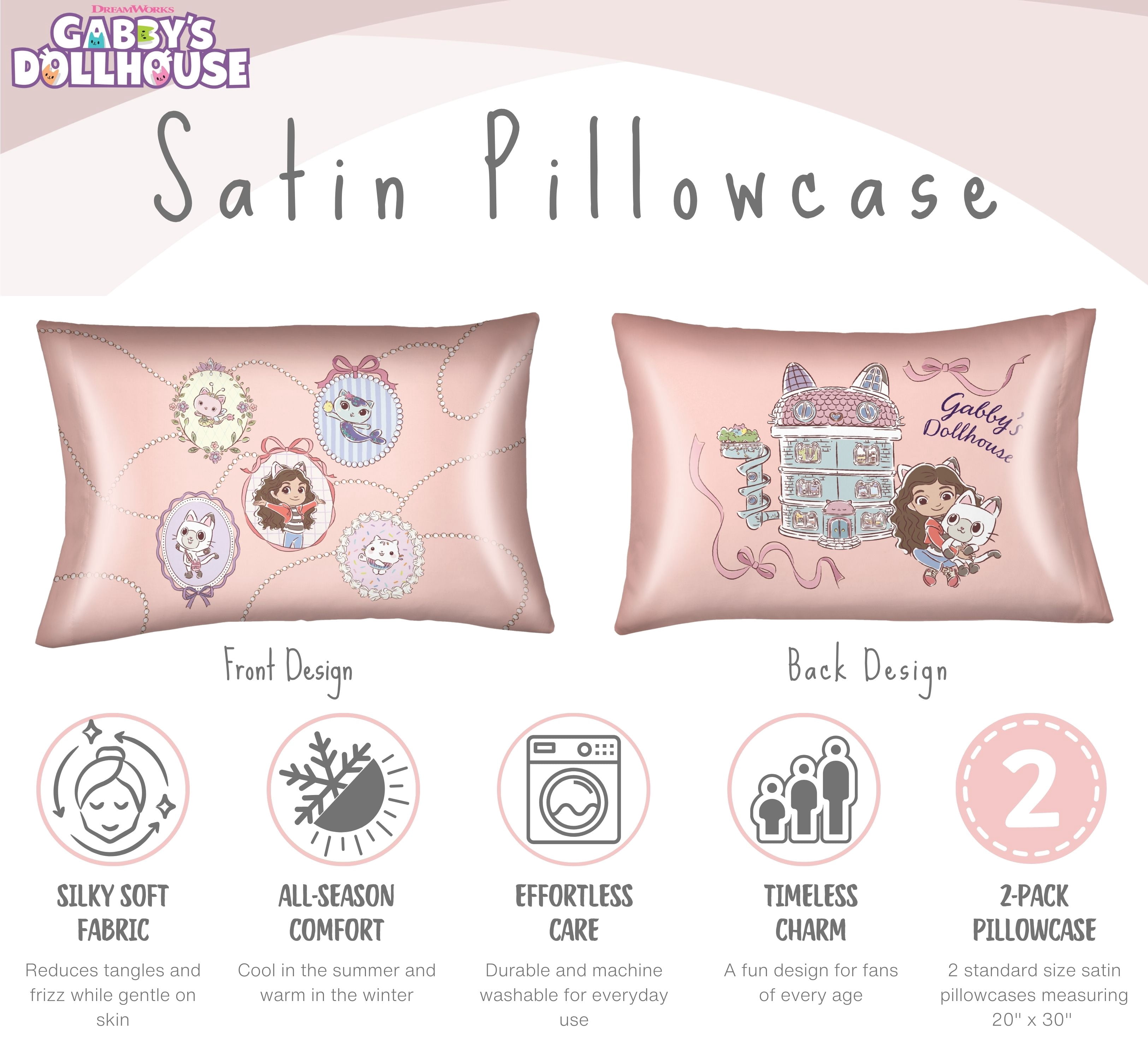 Gabby’s Dollhouse Pink Reversible Silky Satin Pillowcase, Standard Size, 2-Pack