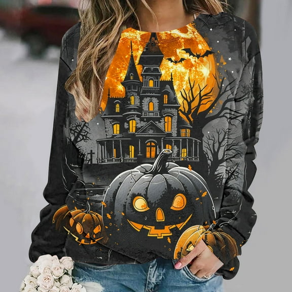 Jsaierl Womens Halloween Sweatshirts Plus Size Pumpkin Ghost Graphic Sweatshirt Going Out Crewneck T-shirt Long Sleeve Holiday Pullover Tops Halloween Gifts