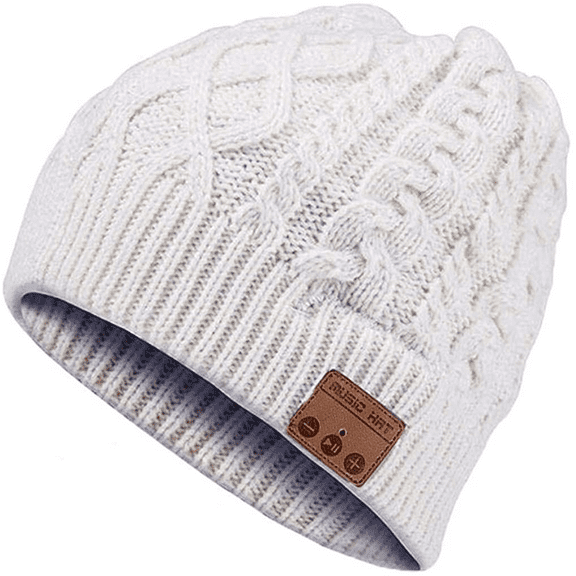 Unisex Bluetooth 5.0 Beanie Hat Wireless Headphone Winter Warm Knit Hats Handsfree with Mic Speaker Sports Hats Xmas Gift, White
