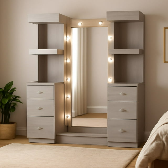 Tocador Con Espejo Y Luz Led, Mueble Vanity Gris Con Estante Gris