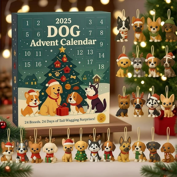 Dog Advent Calendar 2025-24Pcs 2D Festive Breeds Ornaments - Advent Calendar for Pets with Reusable Ornaments, Idea for Dog Lovers Pet Parents and Families(Dog 2D)