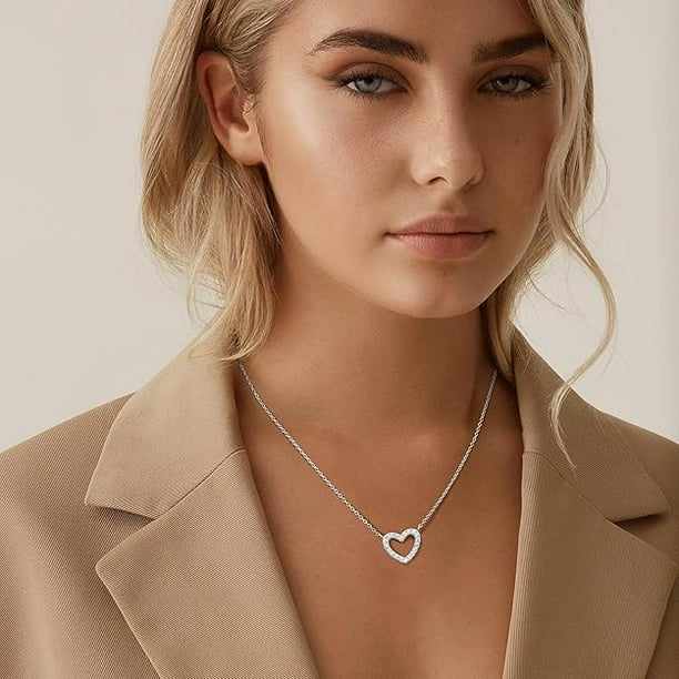 Collar De Corazón De Plata De Ley 925 Con Circonitas - Colgante De Amor Para Mujer - Regalo Perfecto Para San Valentín O Cumpleaños