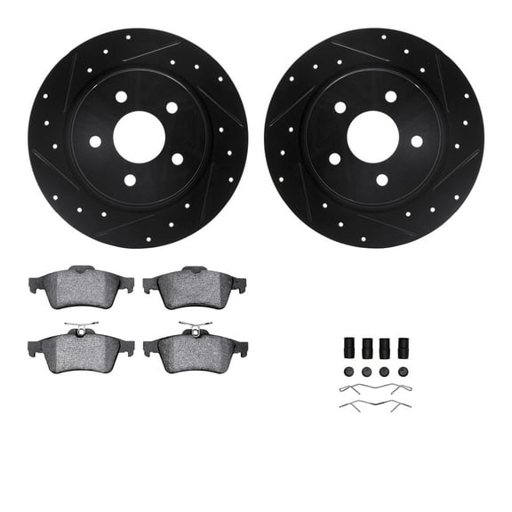 Dynamic Friction Company Rear Brake Rotors-Drilled and Slotted-Black with 5000 Euro Ceramic Brake Pads includes Hardware 8612-54022