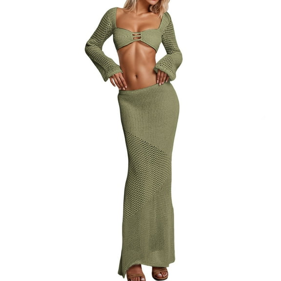 Women's Summer Long Skirt Suit Set Casual Outfit Elegant Hollow Out Dress Comfy Two Piece Outfit