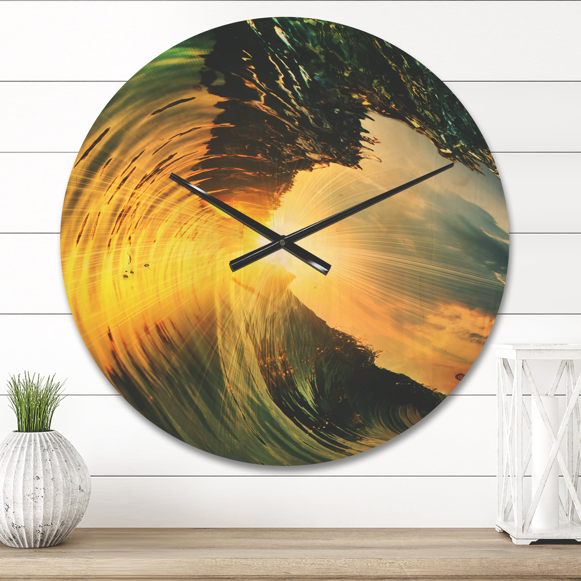 Designart 'Colored Ocean Waves Falling Down At Sunset VII' Coastal Wood Wall Clock