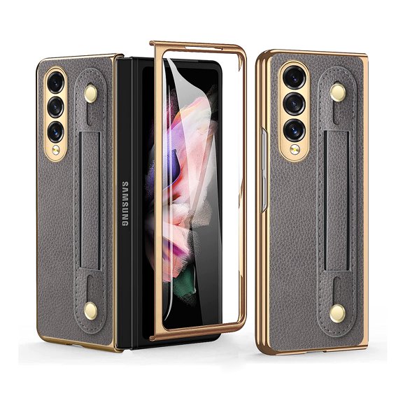 SaniMore for Samsung Galaxy Z Fold 3 7.6" Folding Case with Tempered Glass Screen, PU Leather Case for with Retractable Wristband & Anti-Slip Sticker Full Body Protective, Gray