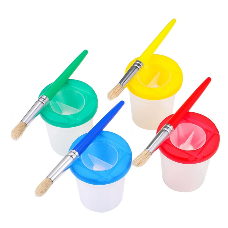 Toyvian 4pcs No Spill Paint Cups and 4pcs Painting Brushes Assorted Color Kids Painting Kit for Art Party School Classes