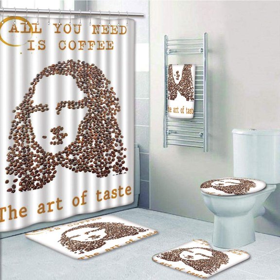 PRTAU A Face of A Young Woman Arranged from Coffee Beans with Quotes Creative 5 Piece Bathroom Set Shower Curtain Bath Towel Bath Rug Contour Mat and Toilet Lid Cover