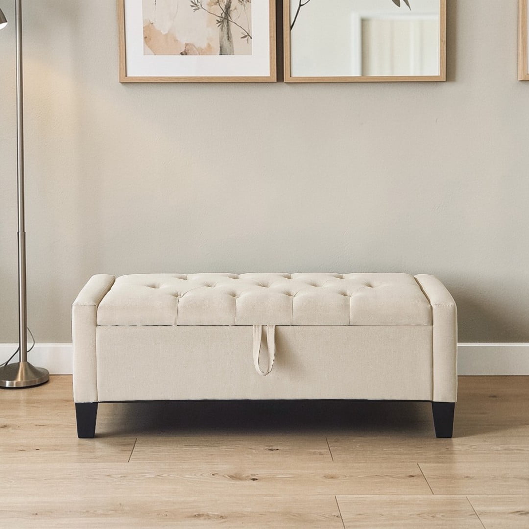 GZXS 45" Linen Upholstered Storage Ottoman Bench with Tufted Padded Seat, Hidden Compartment, and Side Pocket, for Entryway, Foyer, Bedroom or Living Area, Beige