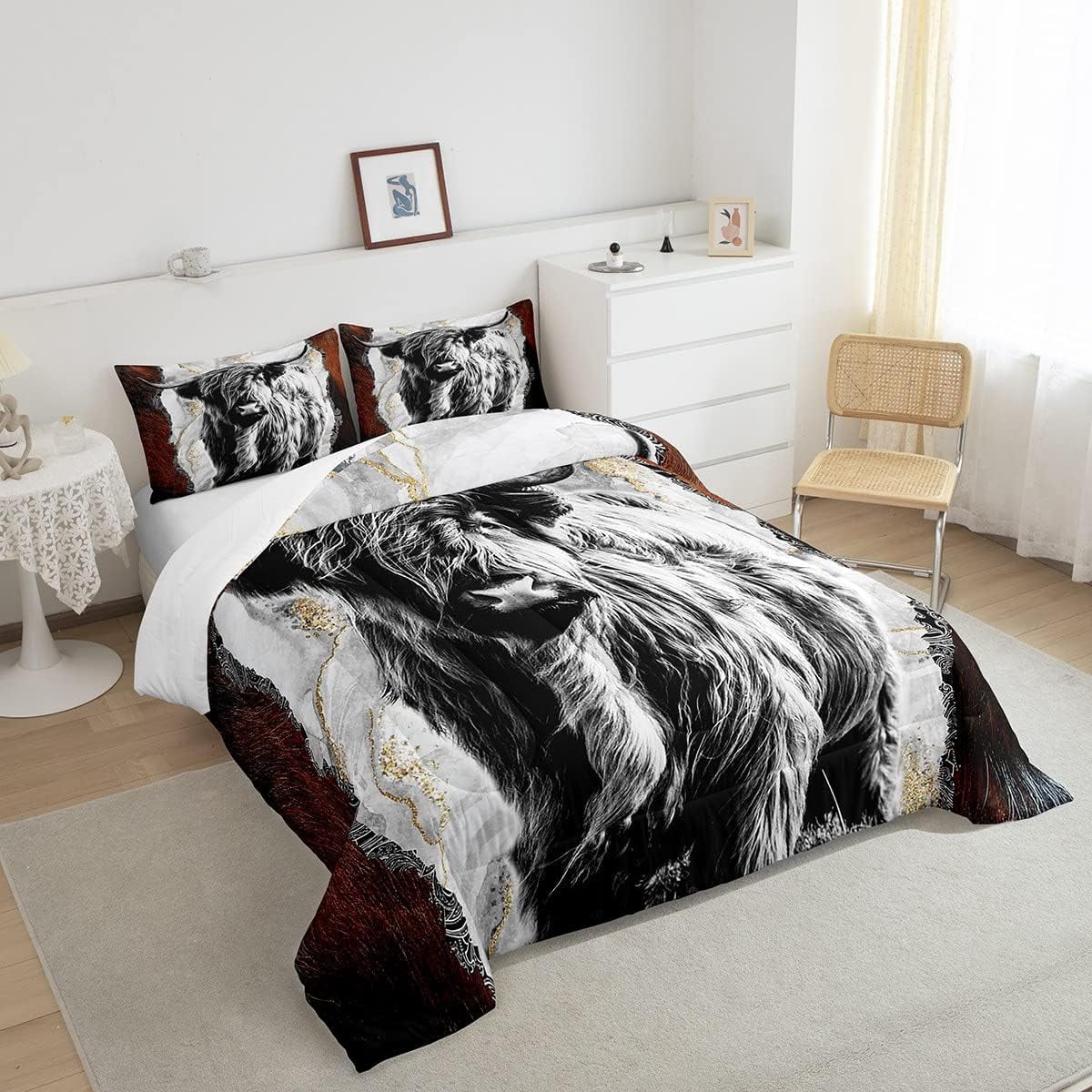 Highland Cow Comforter Set Full,Bull Cattle Bedding Set,Gold Grey Marble Duvet Insert Men,Wildlife Farmhouse Cow Down Comforter with 2 Pillowcases Home Room Decor