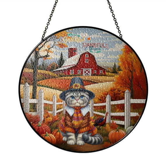 Thanksgiving Scottish Fold Pilgrim Grateful, Thankful, Blessed Fall Welcome Stained Glass Suncatcher Cat Lover Kitten Owner Gifts Window Hanging Sign Decor - 00021