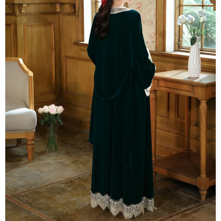 Defitshape Women's Velvet Nightgown Bathrobe Set Luxury 2 Piece Full Length Dressing Gown Lace Robe Pajamas Fancy Pj Set Dark Green X-Large