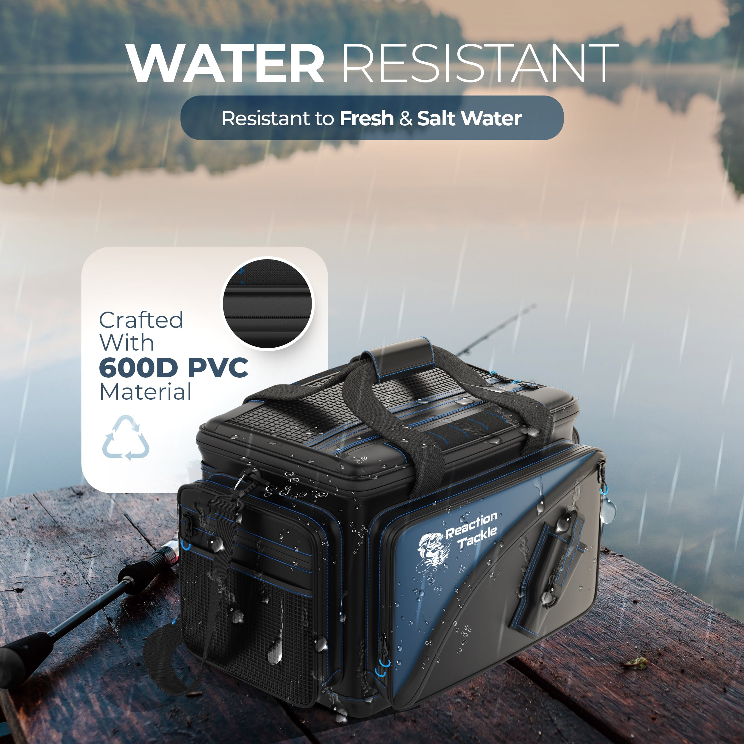 Reaction Tackle Fishing Tackle Bag – Salt Water Resistant Tackle Box Bag, 1000D PVC Waterproof Material, Durable Liner, Removable Dividers, for 3600 Trays, Medium Bag