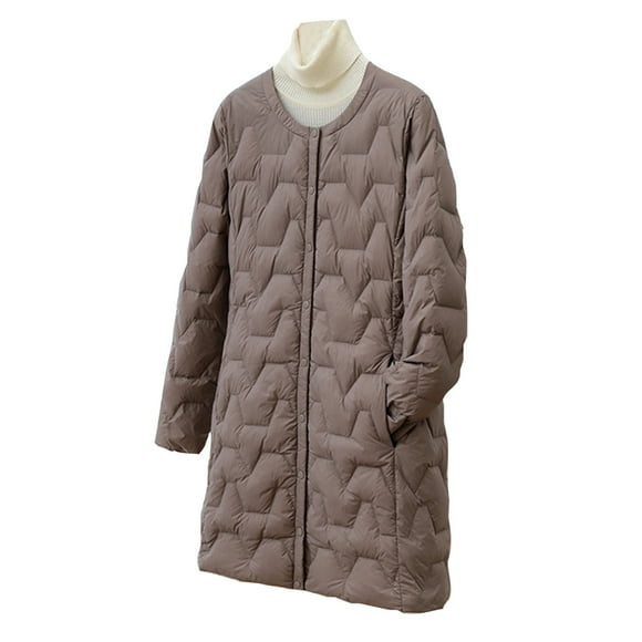 Yuyuzo Lightweight Puffer Jackets for Women Long Sleeve Round Neck Button down Mid-Long Jackets with Pockets