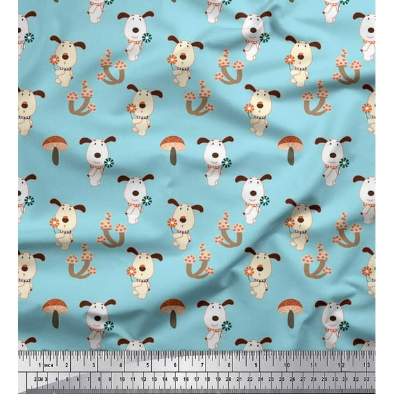 Soimoi Silk Fabric Mushroom & Dog Kids Print Fabric by Yard 42 Inch Wide