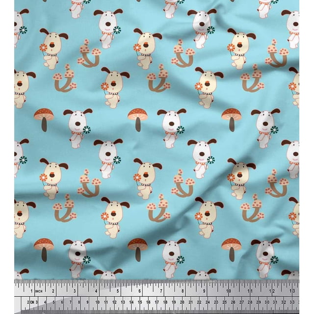 Soimoi Tissu Poly Georgette Motif Champignon et Chien pour Enfants Tissu de Couture au Mètre 52 Pouces de Large