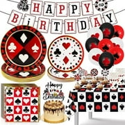 Casino Theme Party Decorations Poker Party Plates and Napkins Poker Plastic Tablecloth Happy Birthday Banner Cake Topper Balloons for Casino Night Las Vegas Party Decorations
