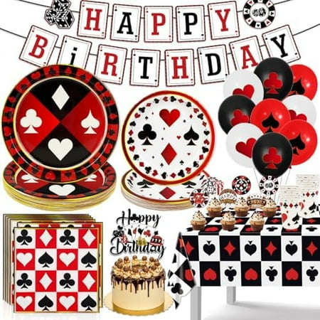 Casino Theme Party Decorations Poker Party Plates and Napkins Poker Plastic Tablecloth Happy Birthday Banner Cake Topper Balloons for Casino Night Las Vegas Party Decorations