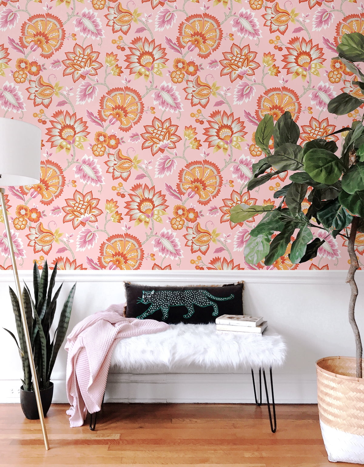 NextWall Bubblegum Pink Jacobean Blossom Floral Peel and Stick Wallpaper