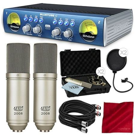 PreSonus BlueTube DP V2 2-channel Mic/Instrument Tube Preamp with 2X MXL 2008 Condenser Microphone, 2X Mic Pop Filter, Premium Bundle