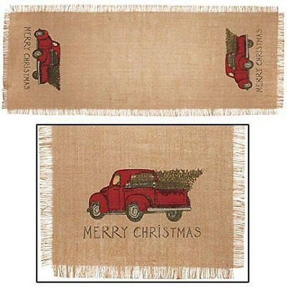 The Country House Red Truck Christmas Burlap Runner (13" x 36")