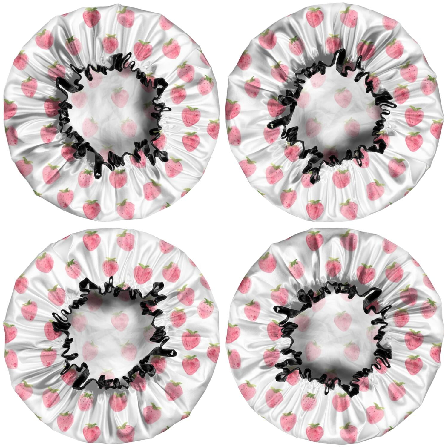 Shower Caps,Red Strawberry Plants Fruit Pink Pattern Waterproof Shower Cap for Women 4 Pieces,Double Reusable Hair Cover for Shower PEVA Elastic Stretch Hem
