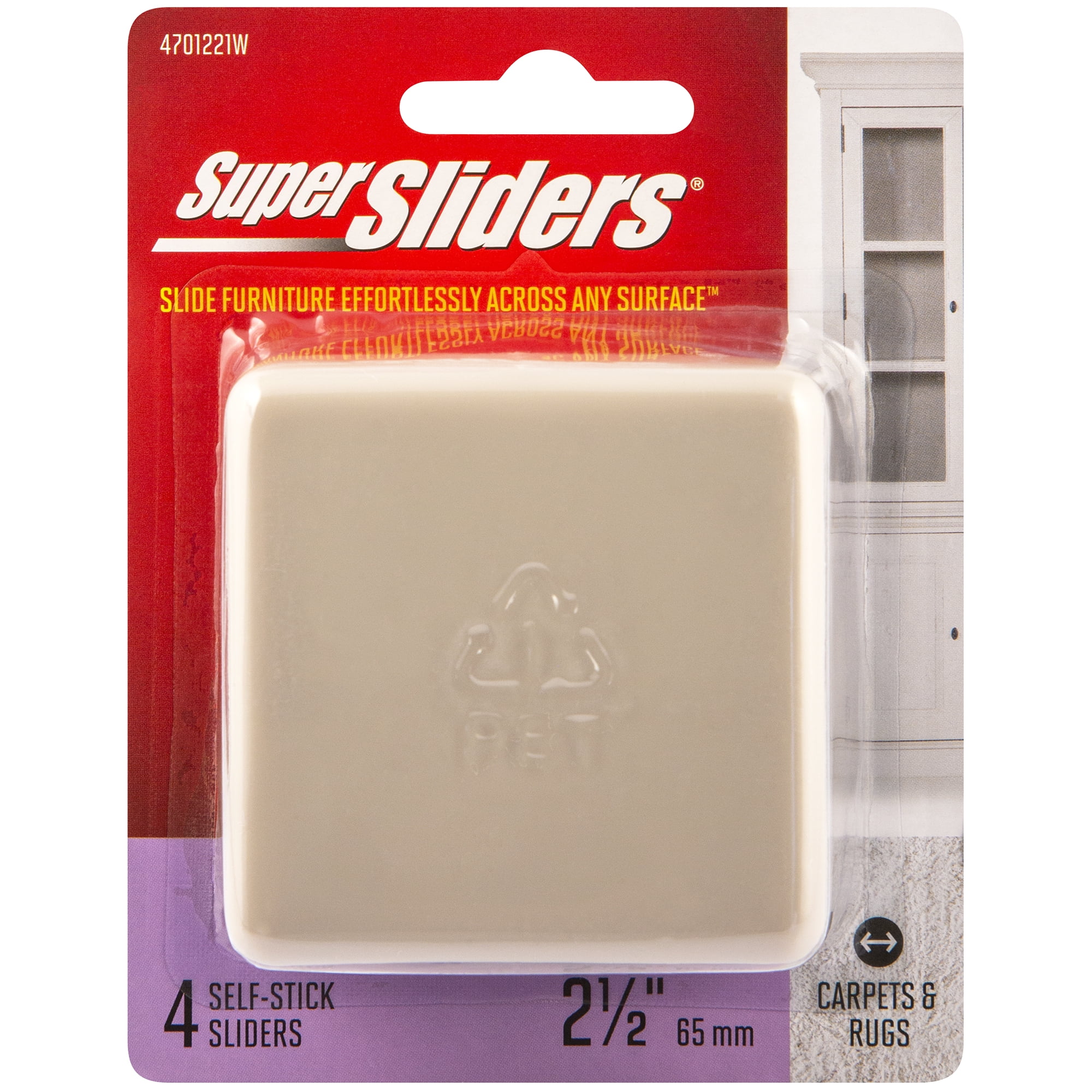 Super Sliders 2-1/2" Square Self Stick Furniture Sliders, Beige, 4 Pack