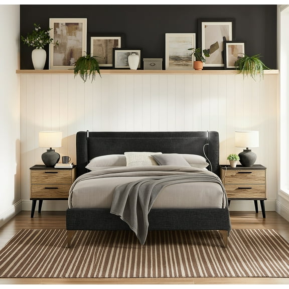 Studio Living Shiloh Upholstered Wingback 41.9" Black Bed Frame, King