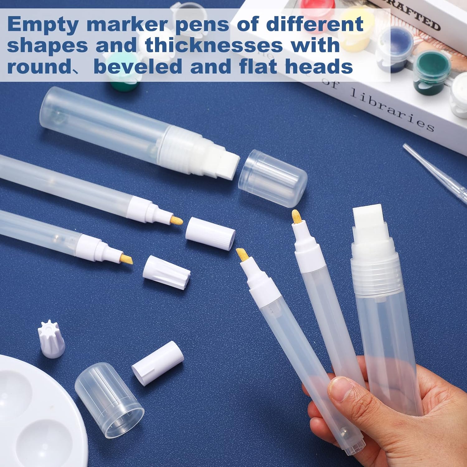 16 Pcs Refillable Acrylic Paint Markers 3 mm 6 mm 15 mm Empty Acrylic Markers White Refillable Paint Pen Round Tilted Flat Head Fillable Pen with 3 ml Dropper for Oil Water Ink Art Kit