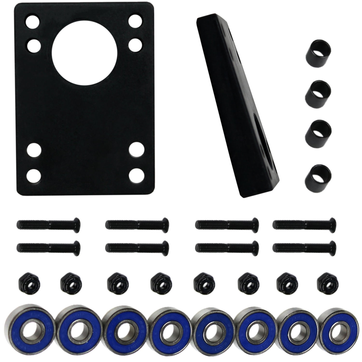 Longboard Refresh Kit Abec 7 Bearings, Angled Risers, 1.5" Hardware, Spacers