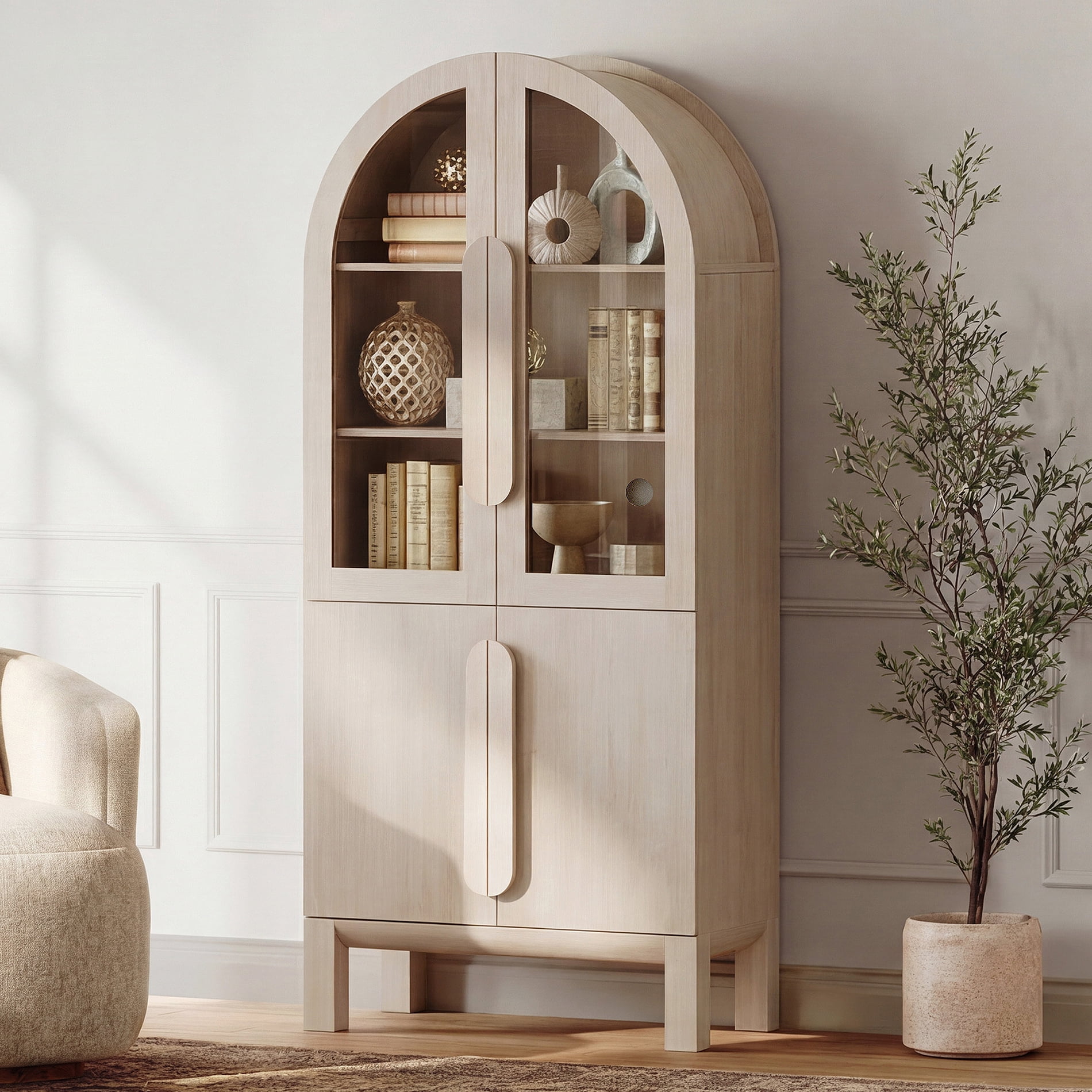 71"H Arched Bookshelf, Modern 3 Tier Bookcase with Cabinet, Wooden Display Cabinet with Glass Doors and Adjustable Shelves, Versatile Bookshelf for Living Room, Study, Office