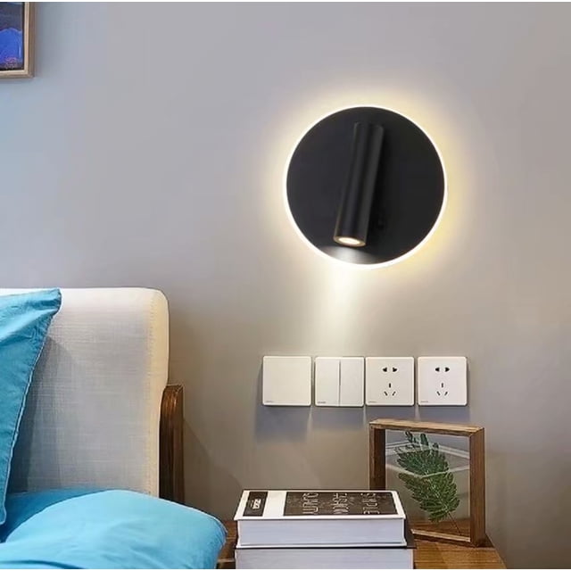 Lámpara de pared LED para mesita de noche, lámpara de pared de fondo para sala de estar, pasillo, hotel, ingeniería china, (foco giratorio, luz blanca cálida redonda negra H) JM