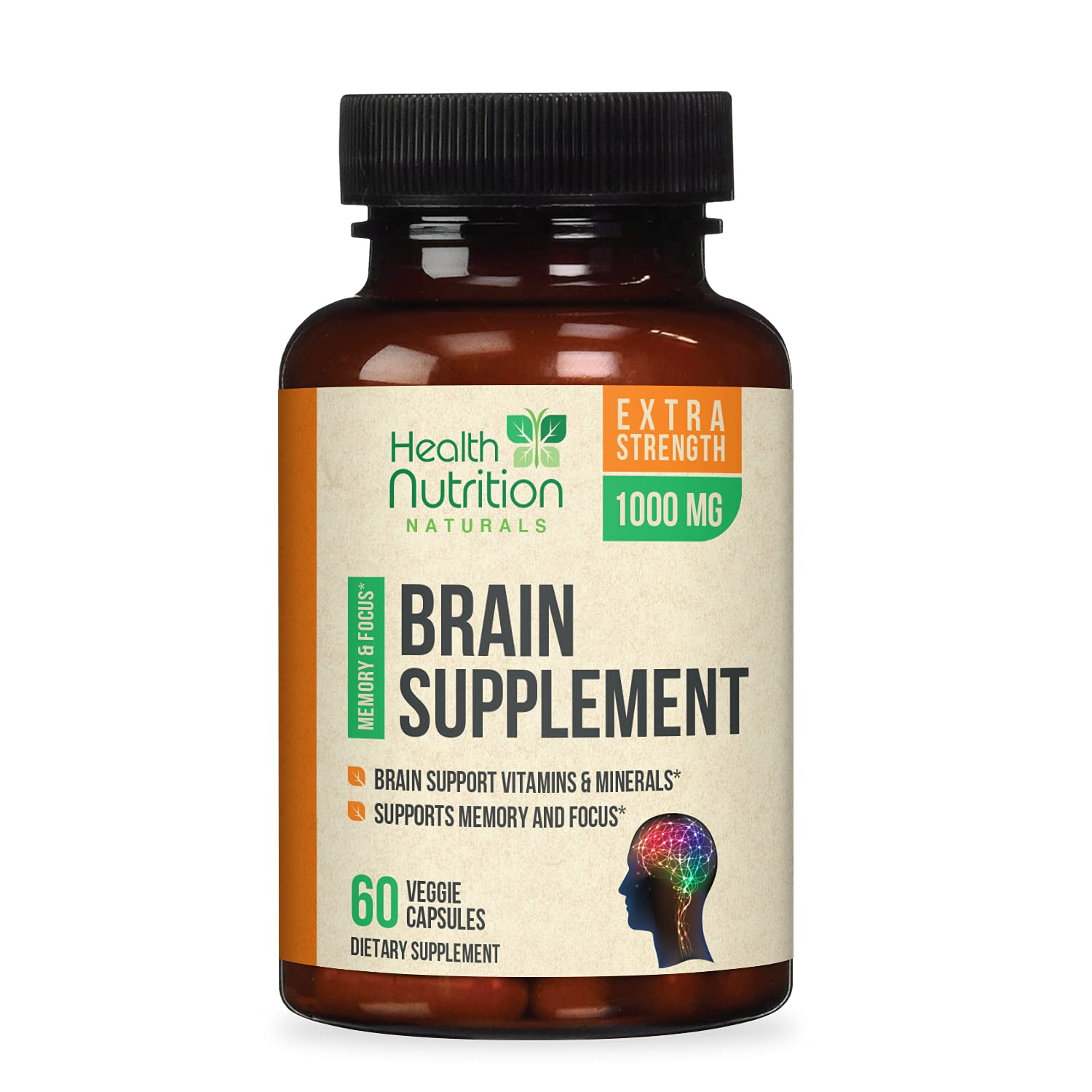 Health Nutrition Brain Supplements Natural Nootropic Booster w DMAE, Bacopa and Glutamine, 60 Ct