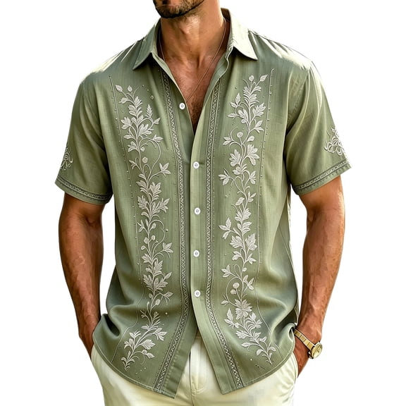 Havenx Mens Shirts Short Sleeve Floral Print Shirt Button Up Collared Outfits Vintage Hawaiian Summer Beach Vacation Clothes,Light Green L