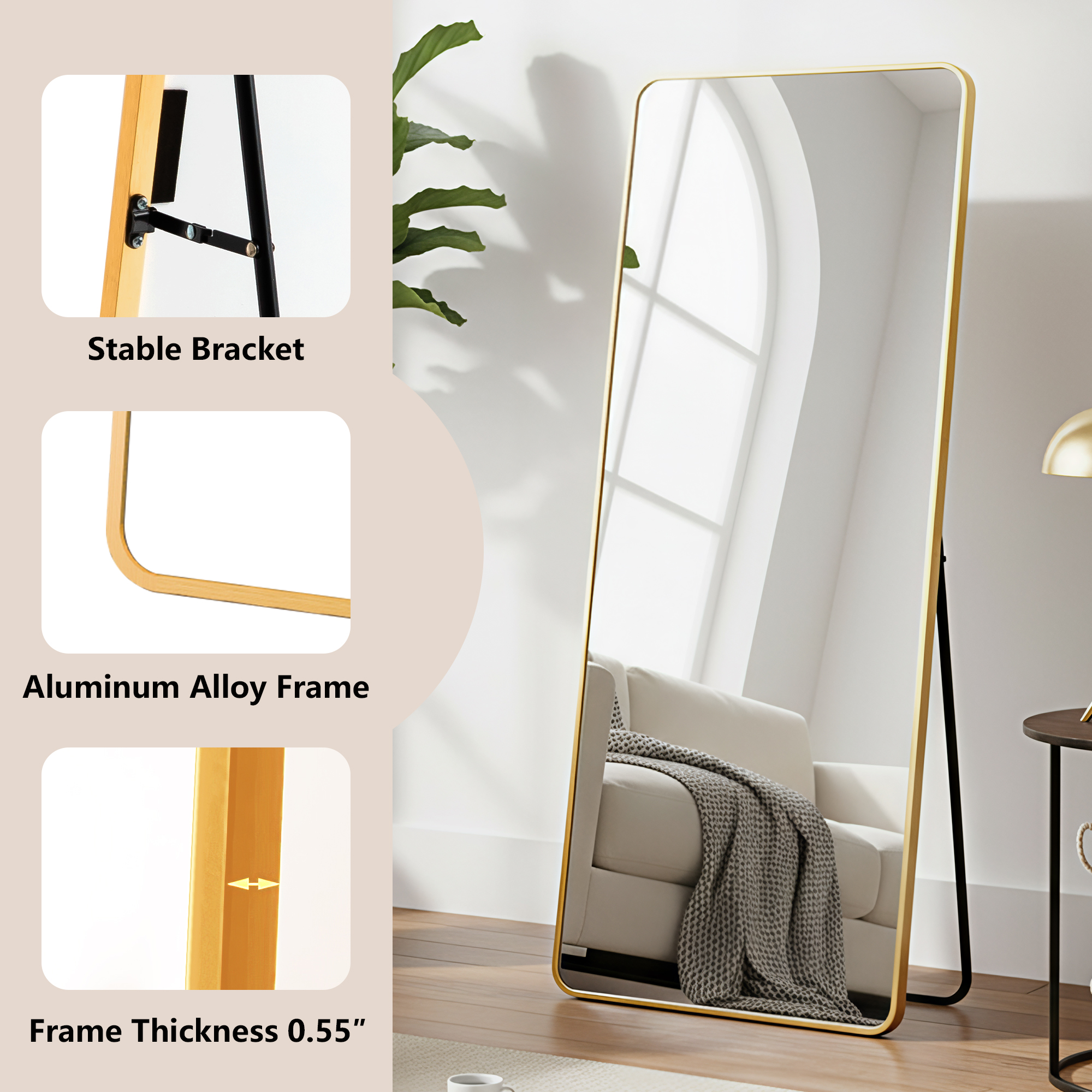 MAYEERTY Gold Rounded Corner Full Length Mirror, Wall Mount or Freestanding for Bedroom/Living Room, 64" × 21"