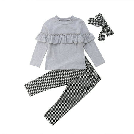 

Toddler Kid Baby Girl Clothes Shirt Tops Long Sleeve Cotton Ruffle Plaid Long Pants Outfit Set