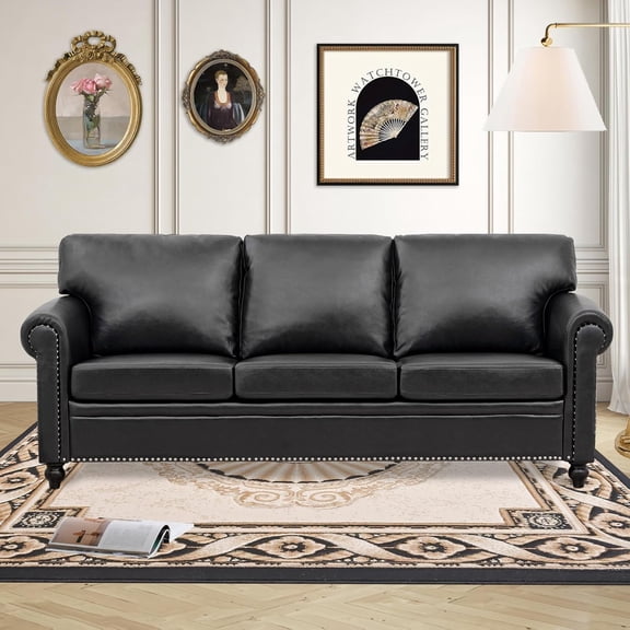 Black Faux Leather Couch, 3 Seater Traditional Living Room Sofa, Comfy Sofa with Detachable Cushions 84