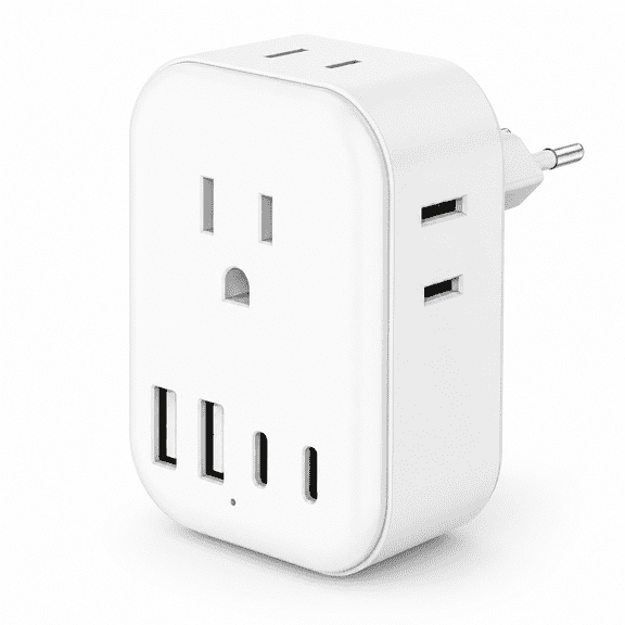 European Travel Plug Adapter, 8-in-1 Power Adapter with 4 US AC Outlets, 2 USB-A & 2 USB-C Ports for European Travel