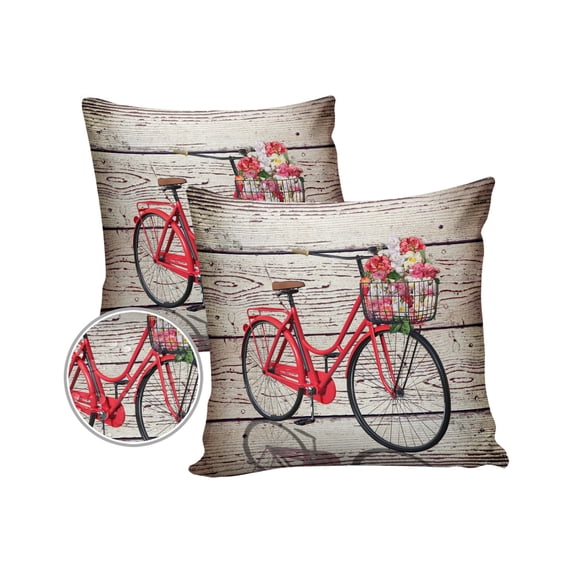 Pack of 2 Outdoor Pillow Covers, Vintage Red Bicycle with Flowers Wood Grain Waterproof Square Throw Pillowcase Cushion Decorative Pillow Covers for Couch Patio Tent, 26x26 in