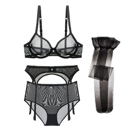 

Varsbaby Women s Underwire Sheer Bra and High Waist Panties Sets and Sheer Garter Belt with Stockings